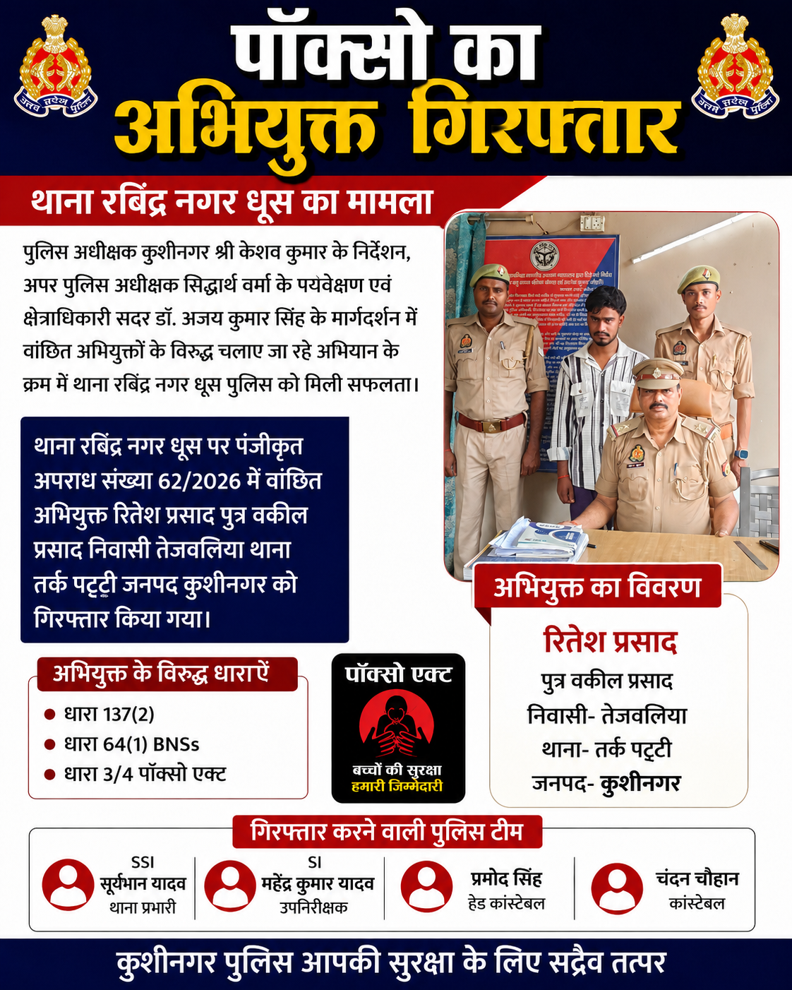 पॉक्सो एक्ट का वांछित अभियुक्त गिरफ्तार, पुलिस ने भेजा जेल