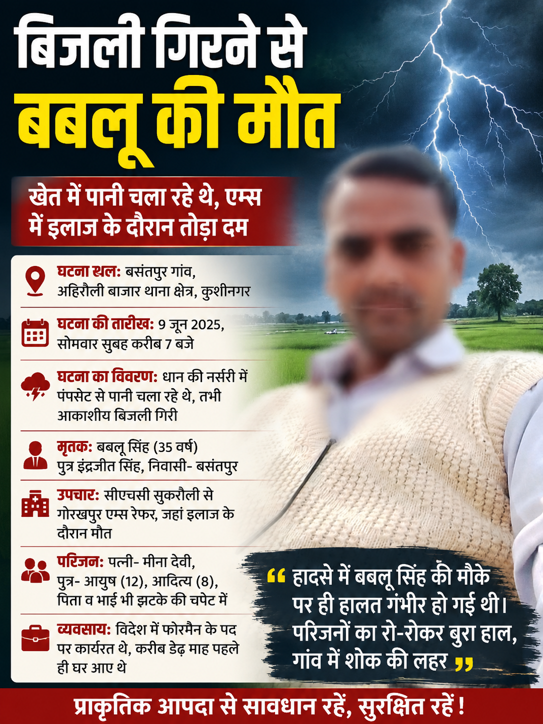 आकाशीय बिजली गिरने से युवक की मौत, एम्स में इलाज के दौरान तोड़ा दम