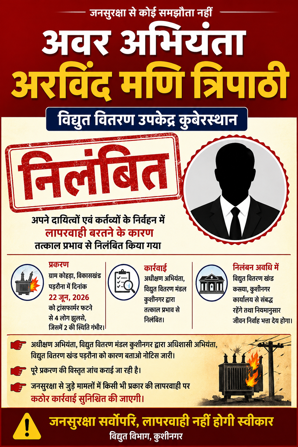 ट्रांसफार्मर दुर्घटना के पीड़ितों को हरसंभव सहायता उपलब्ध करा रहा जिला प्रशासन, लापरवाही पर अवर अभियंता निलंबित