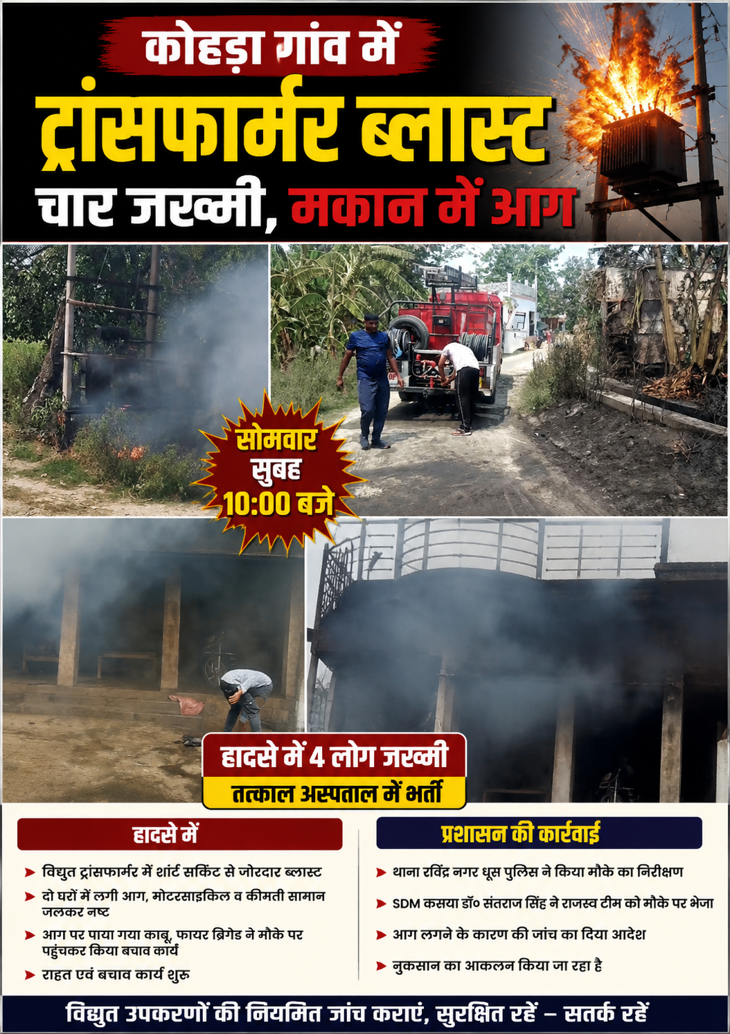 ट्रांसफार्मर ब्लास्ट से मची अफरा-तफरी, दो घरों में लगी आग, चार लोग झुलसे