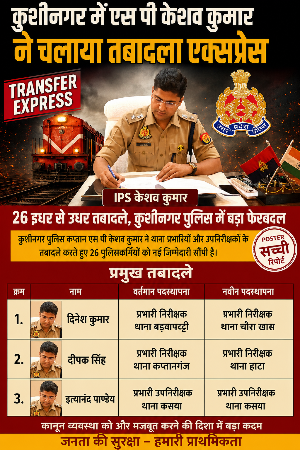 कुशीनगर पुलिस कप्तान केशव कुमार ने कानून व्यवस्था को चुस्त-दुरुस्त रखने के लिए 26 पुलिसकर्मियों का किया तबादला