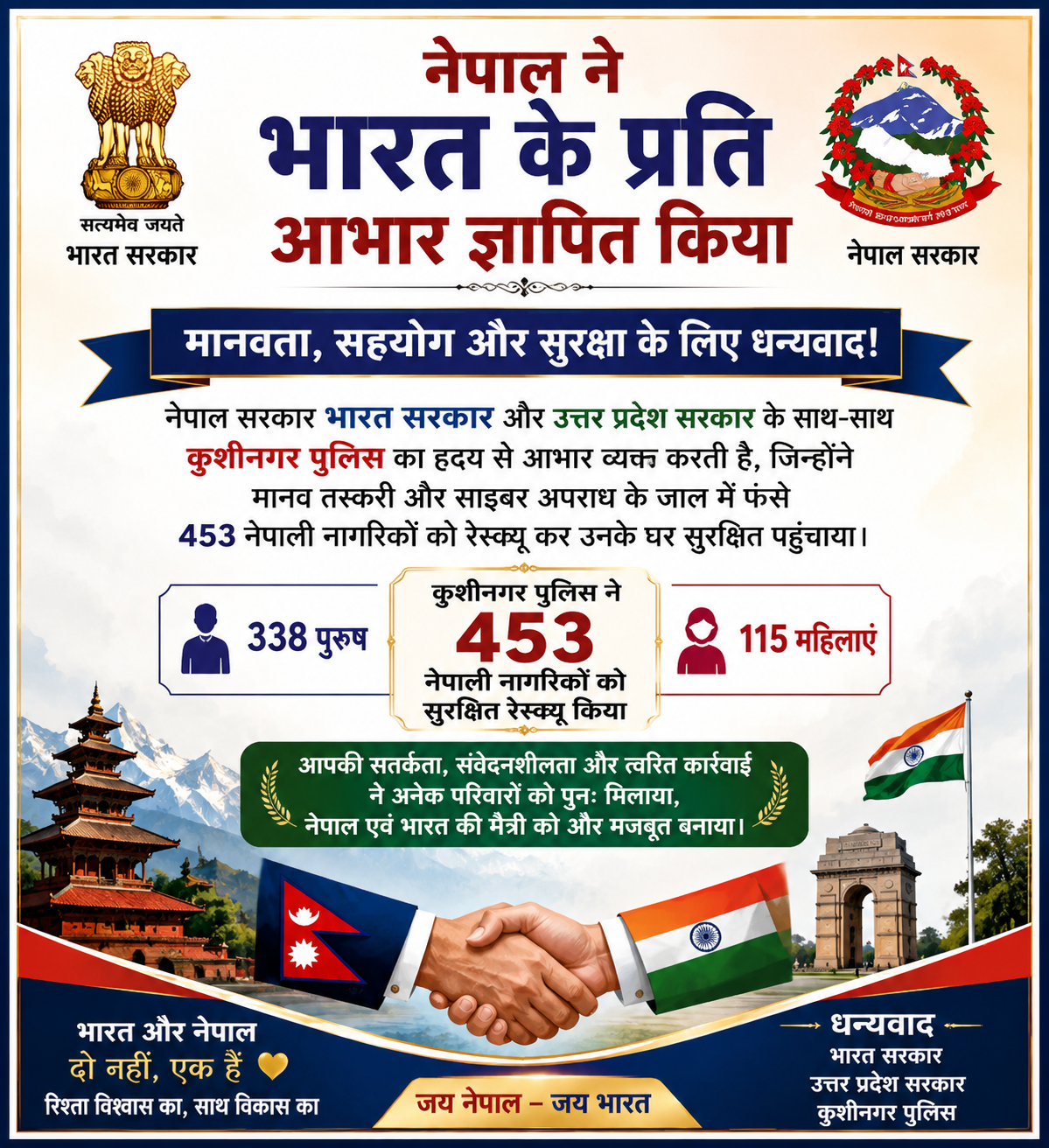 नेपाली नागरिकों की सकुशल वापसी पर नेपाल सरकार ने जताया आभार, एसपी केशव कुमार को भेजा प्रशस्ति पत्र,,