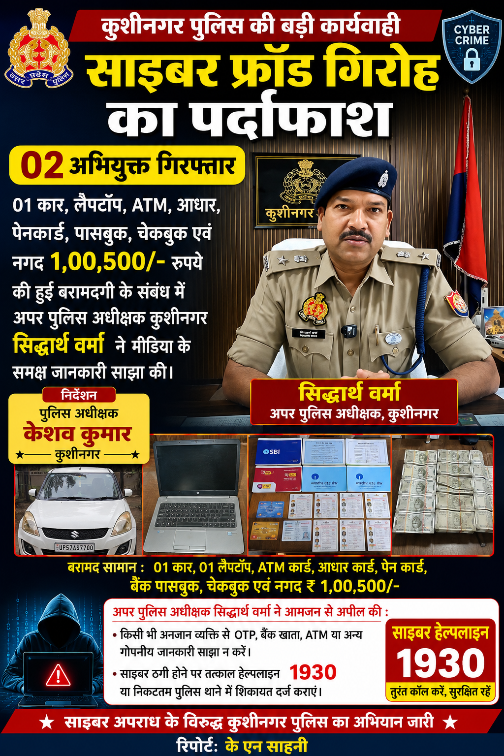 एसपी केशव कुमार के निर्देशन में कुशीनगर पुलिस की बड़ी कार्रवाई, साइबर फ्रॉड गिरोह का पर्दाफाश
