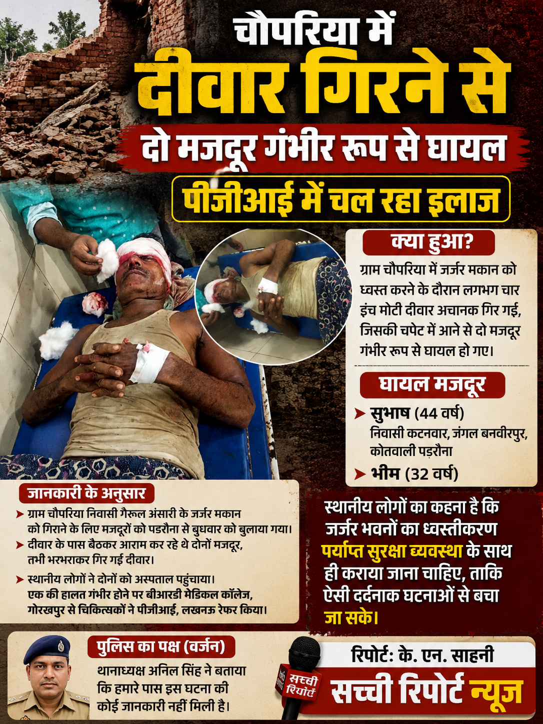 पुरानी जर्जर दीवार गिरने से दो मजदूर घायल, एक की हालत गंभीर, पीजीआई लखनऊ रेफर