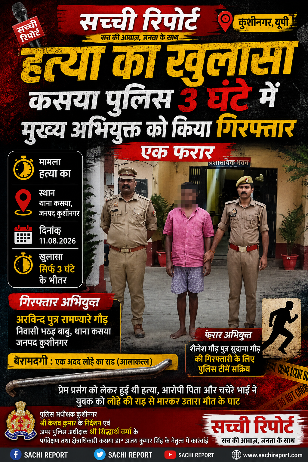 कसया में प्रेम प्रसंग को लेकर युवक की हत्या, 3 घंटे में पुलिस ने किया खुलासा; एक गिरफ्तारलोहे की रॉड से हत्या का आरोप, दूसरा नामजद अभियुक्त फरार;