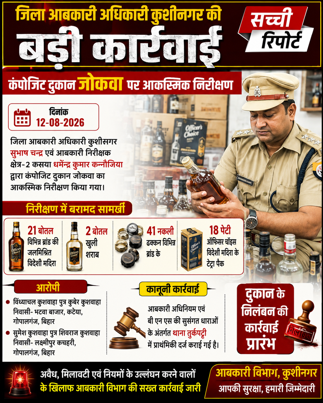 कुशीनगर में आबकारी विभाग की बड़ी कार्रवाई, नकली ढक्कन व जलमिश्रित शराब बरामद,,