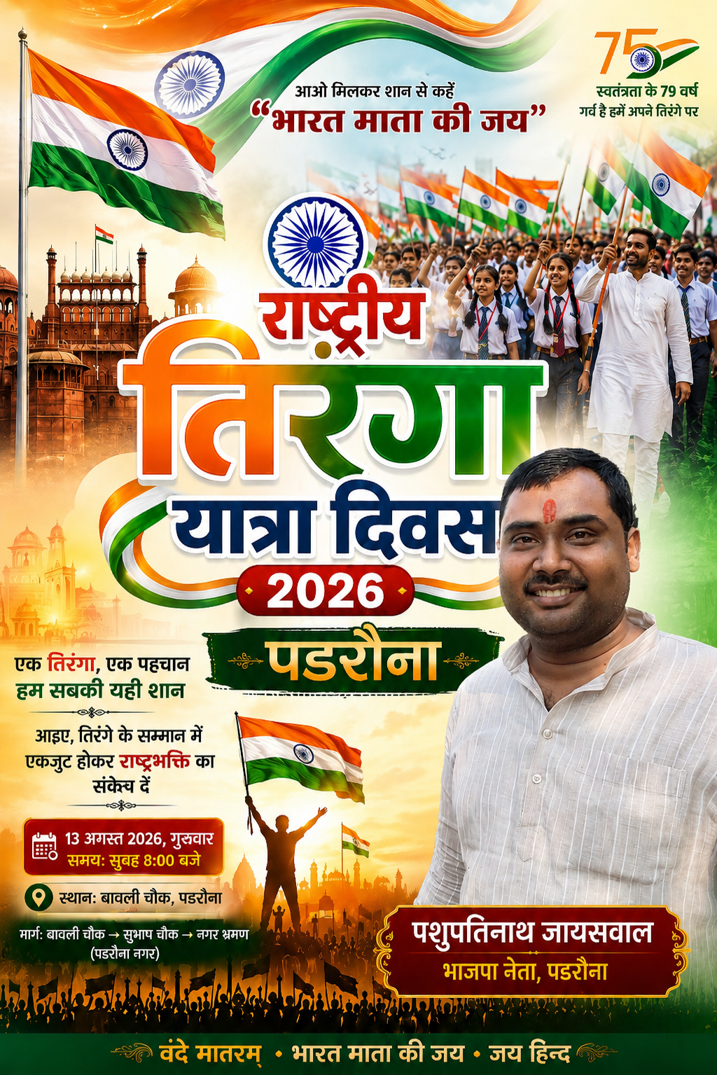 पडरौना में राष्ट्रीय तिरंगा यात्रा का भव्य शुभारंभ, हाथों में तिरंगा लेकर देशभक्ति के रंग में रंगा नगर